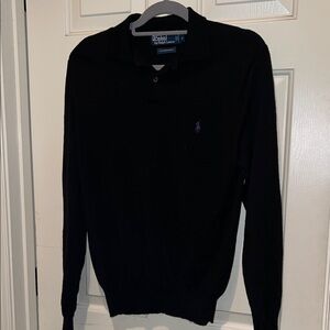 Ralph Lauren Black Sweater with purple Logo Stitching 100% Merino Wool